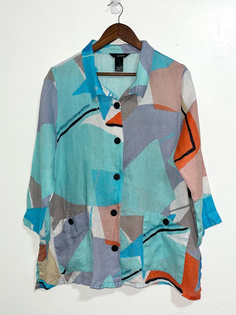 Ali Miles 100% Linen Geometric Abstract Print Artsy Lagenlook Blouse Size L